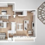 Interior design project with feng shui consultancy, home apartment flat plan, top view with bagua and tao symbol, yin and yang polarity, monogram concept background