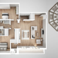 Interior design project with feng shui consultancy, home apartment flat plan, top view with bagua and tao symbol, yin and yang polarity, monogram concept background Interior design project with feng shui consultancy, home apartment flat plan, top view with bagua and tao symbol, yin and yang polarity, monogram concept background